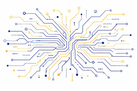 Abstract blue and yellow digital circuit board lines connection pattern