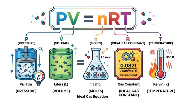 Ideal gas law formula diagram. Scientific infographic explaining PV equals nRT equation.