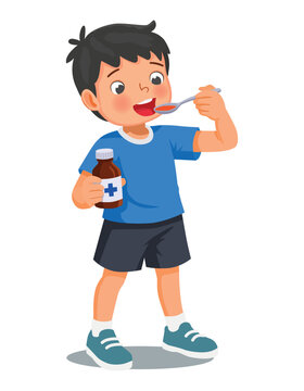 Sick boy taking medicine syrup from a spoon