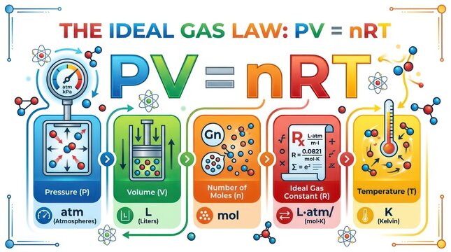 Ideal gas law formula PV equals nRT. Scientific infographic showing thermodynamics physics.