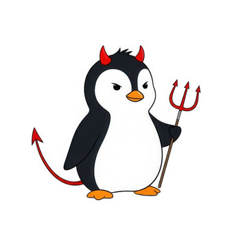 Cute penguin dressed as a little devil with a pitchfork isolated on transparent background