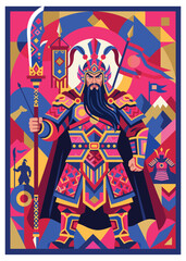 Fototapeta premium Ancient Warrior King: A vividly colored, stylized illustration of a powerful ancient warrior king, adorned in ornate armor and holding a formidable weapon.
