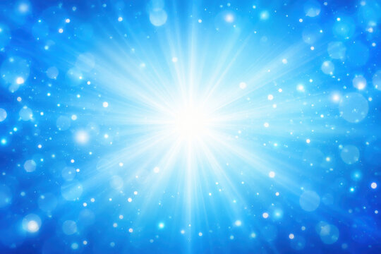 Bright blue abstract background with glowing light rays and magic sparkles