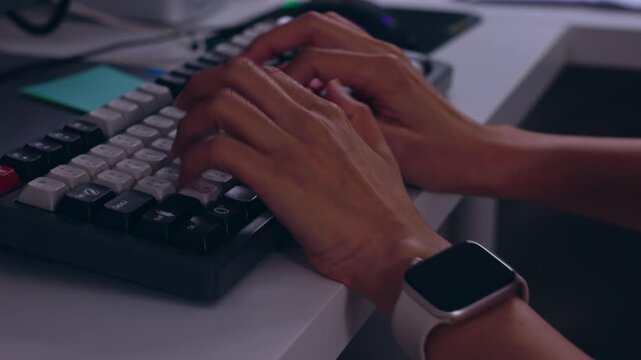 Hand Keyboard Smartwatch Typing Desk Technology Office Work Close Person Using Mechanical Keyboard Wearable Device Wrist Modern Workspace Computer Setup