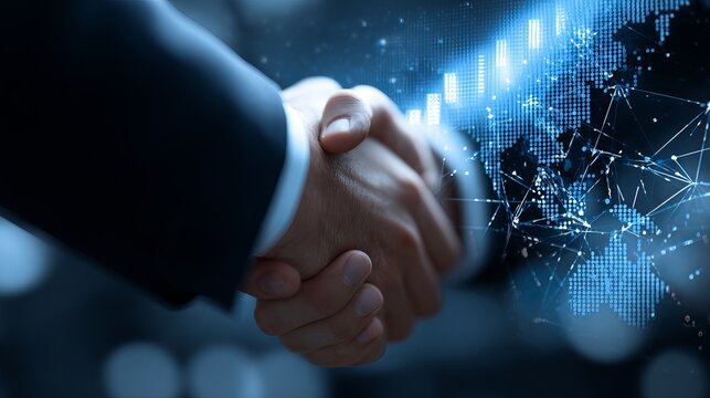 Businessmen handshake with global stock market graph, globe network, digital technology, partnership and teamwork concept