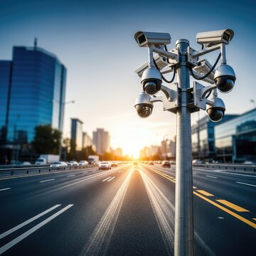 Multiple security cameras mounted on a tall metal pole overlooking a busy asphalt road to monitor urban traffic flow and public activity, road, logistics, protection