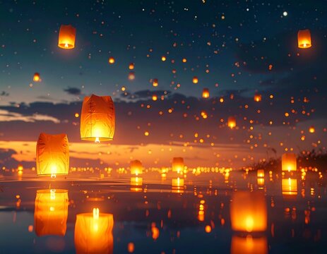 Golden sky lanterns released into night sky above calm water with reflections