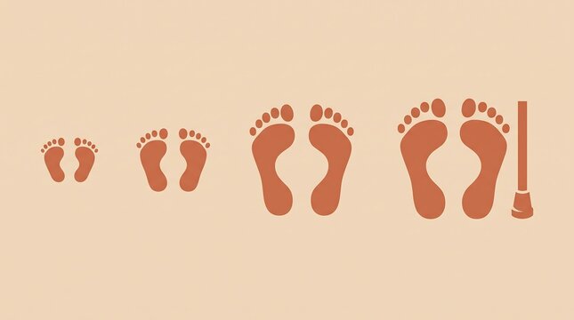 Abstract sequence of footprints representing the human life cycle from infancy to old age with a walking cane