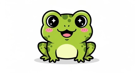 Fototapeta premium Cute Kawaii Green Frog Vector Illustration with Sparkling Eyes and Blushing Cheeks Isolated on White Background