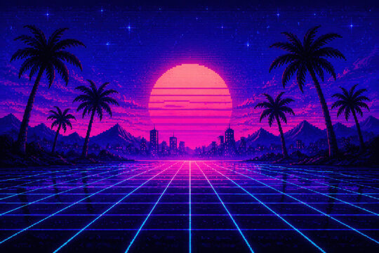 Retro pixel art sunset scene with palm trees and a digital grid floor