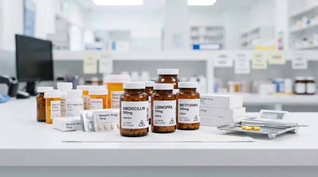 Assorted prescription medicine bottles and pills on pharmacy counter, generic drugs amoxicillin lisinopril metformin, pharmaceutical healthcare and treatment concept