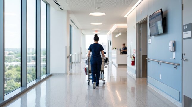 Nurse pushing medical cart down bright hospital corridor, healthcare professional working in clinic hallway, patient care and nursing service background