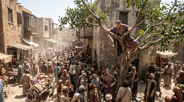 Zacchaeus the tax collector climbing a leafy sycamore tree to see Jesus passing through the crowded streets of Jericho