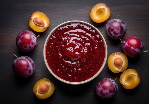 Vibrant red plum jam in a small bowl captured from above, scattered with fresh organic purple fruits on a dark and moody wooden surface, bowl, dessert, wooden