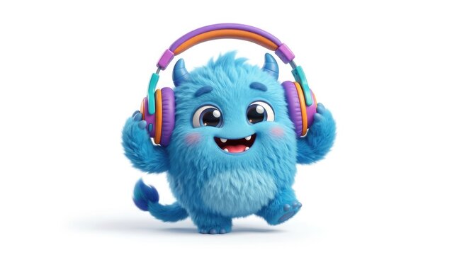 Cute blue furry monster character wearing colorful headphones isolated on white background