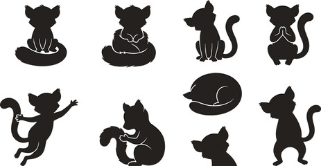 Cute Ring Tailed Lemur Silhouette Collection with Sitting, Sleeping, Dancing, Waving, and Playful Cartoon Primate Poses Isolated Vector Set © MstSuborna