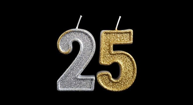 Silver and gold glitter birthday candles in numbers 25 for 25th