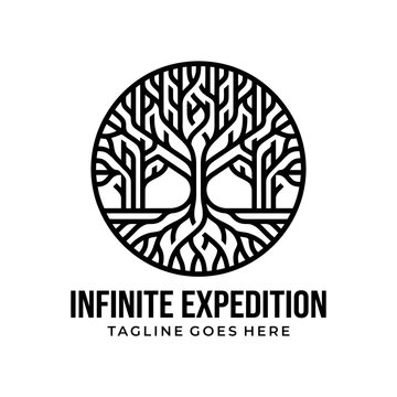 Detailed black and white tree icon with roots, symbolizing growth and nature.