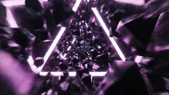 Animated abstract triangular prism tunnel glowing edges smooth camera pan