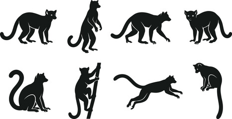 Black Panther Silhouette Collection with Walking, Standing, Climbing, Jumping, Sitting, and Hunting Wild Cat Poses Isolated Vector Illustration Set © MstSuborna