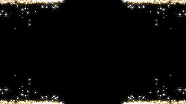Golden shiny and glittering particles border frame on black background animation, Gold frame, glittering rectangle animated on transparent background. Seamless loop, firework of glittery ring shimmer