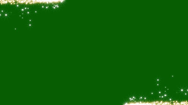 Golden shiny and glittering particles border frame on green background animation, Gold frame, glittering rectangle animated on Chroma Key background. Seamless loop, firework of glittery ring shimmer
