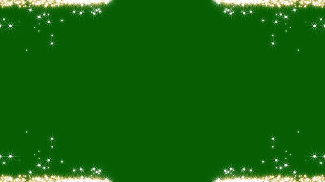 Golden shiny and glittering particles border frame on green background animation, Gold frame, glittering rectangle animated on Chroma Key background. Seamless loop, firework of glittery ring shimmer