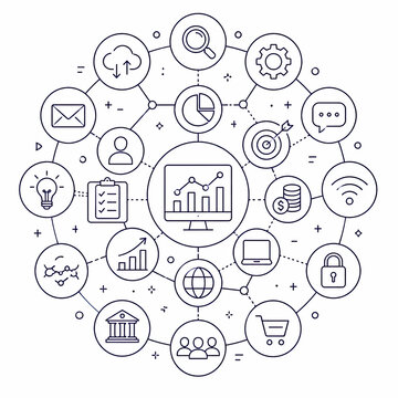 Set of business and finance digital icons in a circular network layout