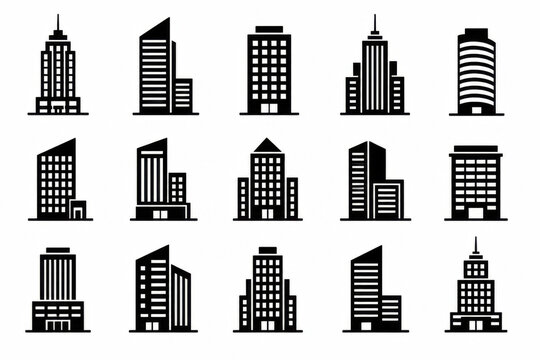Set of black flat building icons representing city architecture design