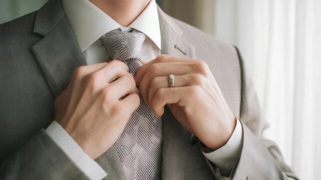 Close up of a man in a light gray suit tying his patterned tie, showcasing sophistication and attention to detail. The image captures a sense of preparation, professionalism, and contemporary style
