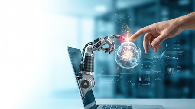 Futuristic concept of artificial intelligence and robotics showing robotic arm from laptop interacting with human hand touching glowing digital brain hologram, symbolizing cybor...