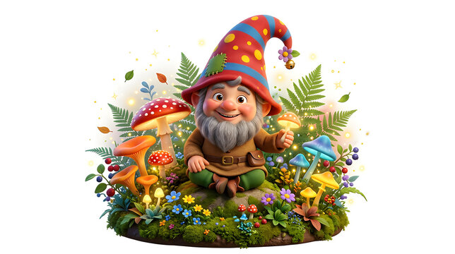 Cute forest gnome sitting near mushrooms and plants, magical woodland atmosphere, funny face, colorful hat, premium 3D cartoon illustration, isolated on white background