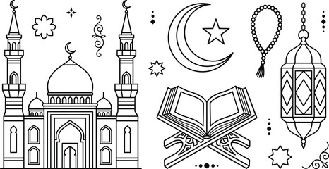 Fototapeta premium Islamic ramadan religious elements vector line icons set featuring mosque minarets holy quran book crescent moon star beads and lantern