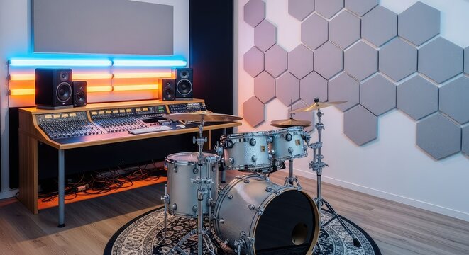 A sleek modern recording studio featuring a professional drum kit, acoustic wall panels, studio monitors, mixing desk, and glowing lights, acoustic foam, silence, high-tech