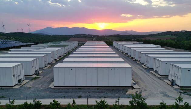 A wide-angle, high-altitude aerial drone shot of a massive, utility-scale battery energy storage containers 