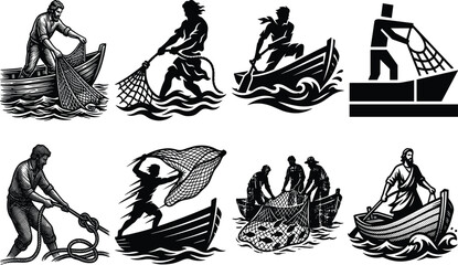 Fisherman on boat vector silhouette set throwing fishing nets and biblical apostles concepts © MdShoriful