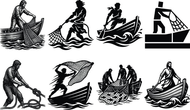 Fisherman on boat vector silhouette set throwing fishing nets and biblical apostles concepts
