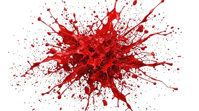 Bright red paint splash with dynamic drops and splatter pattern