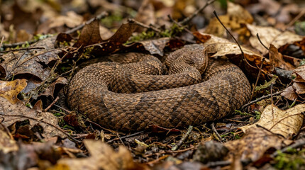 Obraz premium Coiled Viper Snake in Autumn Forest Floor Leaves - Wildlife Close-up