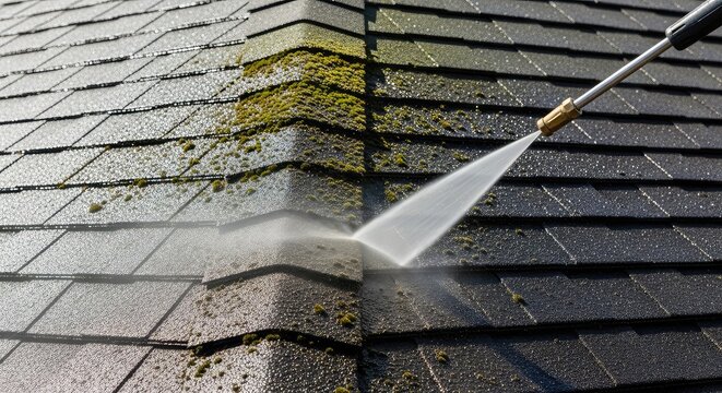 High-pressure water spray effectively removes dark moss and stubborn grime from a residential asphalt shingle roof during a deep cleaning, removal, flow, clean