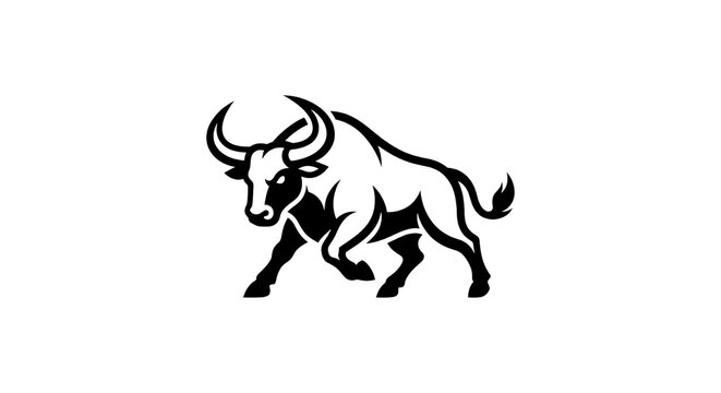 Aggressive Charging Bull Black Silhouette on white backdrop.
