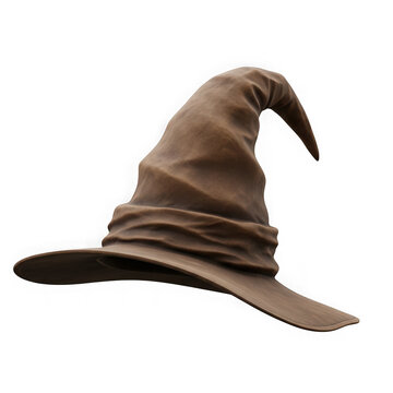 Old brown wizard hat for magic and fantasy costume isolated on transparent background