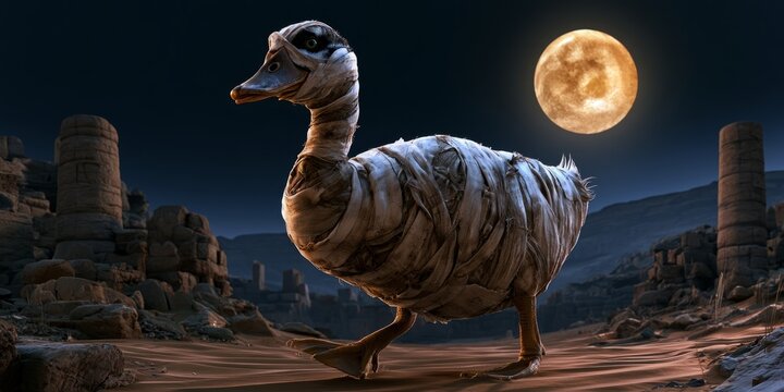 Mummy Duck Walking Through Ancient Ruins Under Moonlight