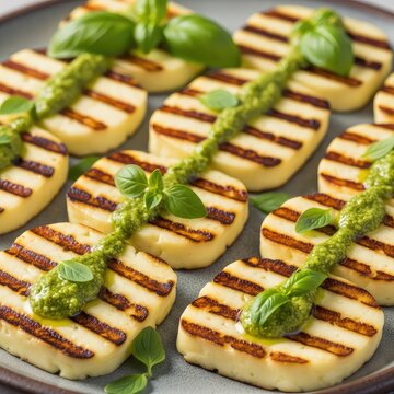 Slices of golden grilled halloumi cheese drizzled with vibrant green basil pesto sauce on a ceramic plate, garnished with fresh herbs, pesto, mediterranean, texture