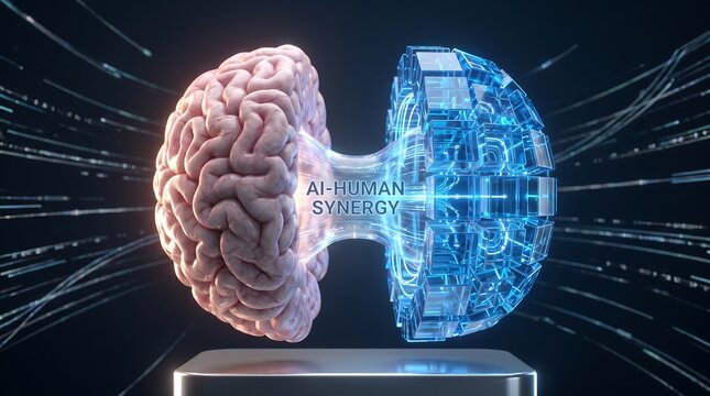 AI and human brain synergy concept for SEO digital marketing and machine learning algorithm
