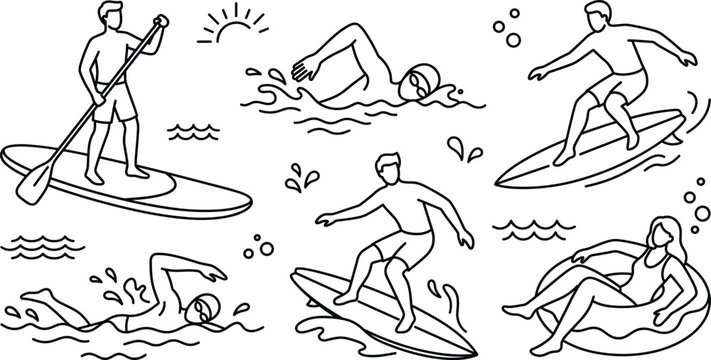 Water sports summer activities vector line art collection featuring surfing swimming paddleboarding tubing and tropical ocean fun elements