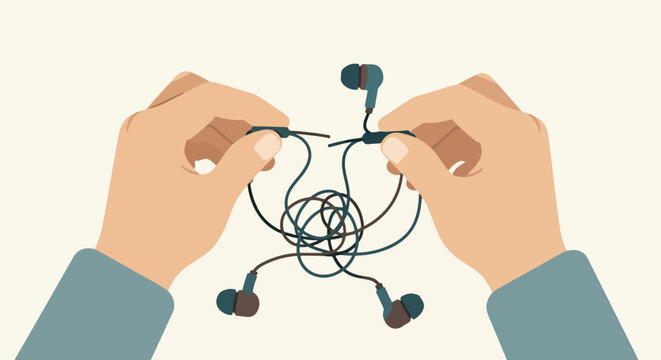 Hands struggle with a tangled mess of wires and earbuds