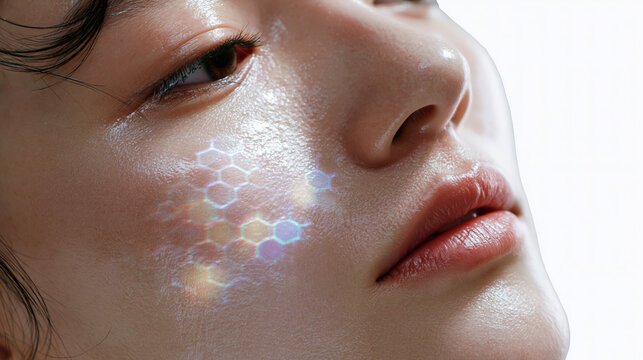 Close-up of glowing cheekbone with subtle holographic reflections