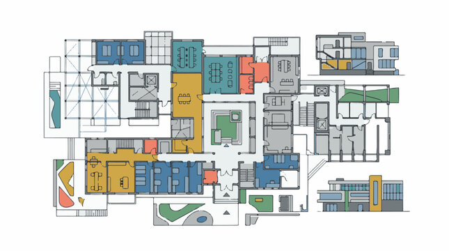 Colorful architectural floor plan with multiple levels and rooms