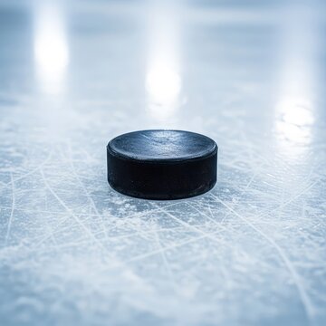 A detailed close-up shot of a black vulcanized rubber hockey puck resting on the scratched surface of a frozen indoor professional ice rink, stationary, rink, movement